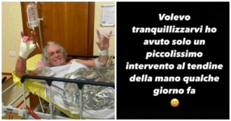 Copertina di Riccardo Fogli, la foto in barella con la flebo dopo l’operazione: “Intervento al tendine della mano”