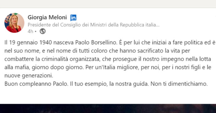 Cara Meloni, è certa che altri esponenti di governo siano ispirati come Lei dalle idee di Borsellino?