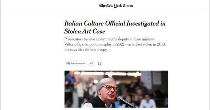 Sgarbi indagato per il quadro rubato a Buriasco: il caso arriva anche sul New York Times: “Il governo italiano resta in silenzio”