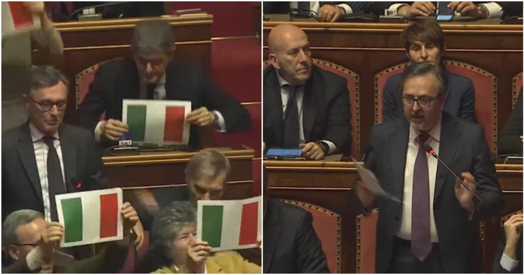Il Pd sventola il tricolore in Senato durante la discussione sull’autonomia. FdI: “Dopo la bandiera rossa avete fatto un passo avanti…”