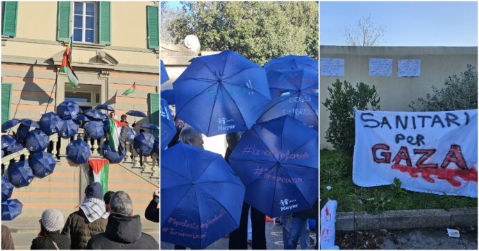 La “protesta degli ombrelli” degli operatori sanitari: “Via Carrai dalla Fondazione Meyer. Nessuna parola sul massacro a Gaza”
