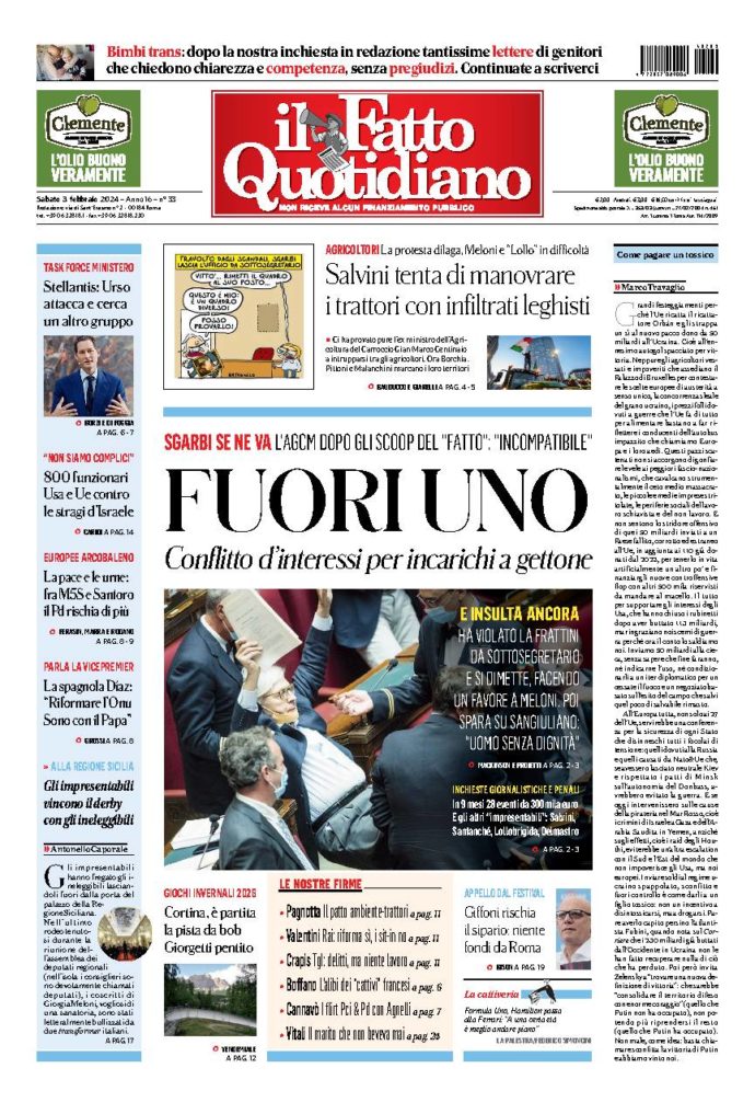 Copertina de Il Fatto Quotidiano di Sab 3 Febbraio 2024
