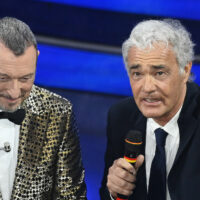 Amadeus and Massimo Giletti during the 74th edition of the SANREMO Italian Song Festival at the Ariston Theatre in Sanremo, northern Italy – Thursday, FEBRUARY 8, 2024. Entertainment. (Photo by Marco Alpozzi/LaPresse)