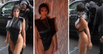 Copertina di Look choc per Kanye West e Bianca Censori alla fashion week: lei con il body sgambato di pelle, lui con le lastre di titanio sui denti