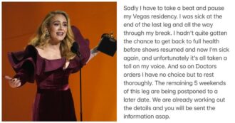 Copertina di Adele sta male, annullati i concerti di marzo: “La mia voce è messa a dura prova, non ho altra scelta che riposarmi”