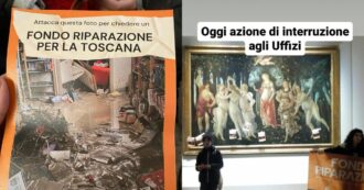 Copertina di Blitz di Ultima Generazione alla Galleria degli Uffizi a Firenze: manifesti e volantini sul vetro della Primavera di Botticelli