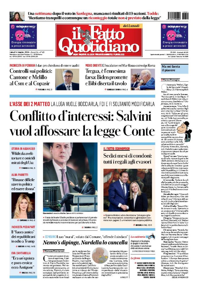 Copertina de Il Fatto Quotidiano di Lun 4 Marzo 2024