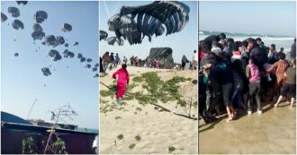 Copertina di Gaza, le immagini dei primi lanci di aiuti umanitari Usa: l’arrivo sulla spiaggia di Rafah e la corsa della popolazione stremata dalla fame