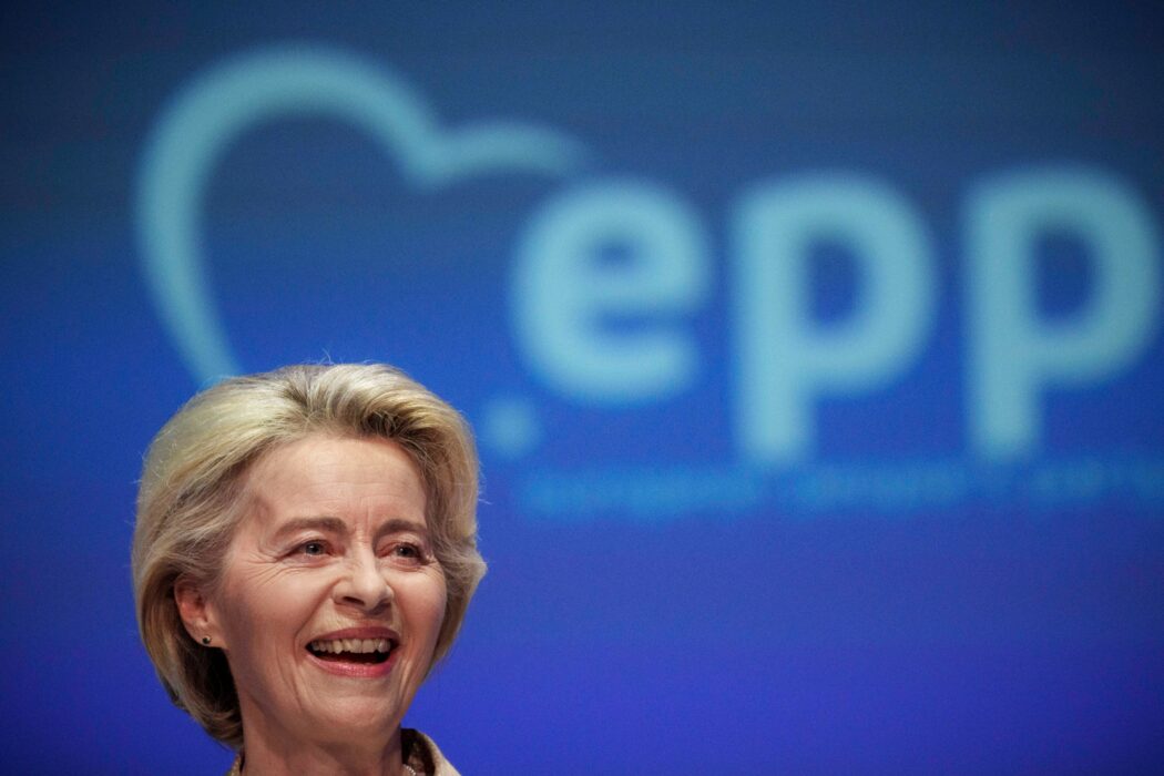 European Commission President Ursula von der Leyen addresses the EPP Congress in Bucharest, Romania, Thursday, March 7, 2024. The 2024 EPP Congress takes place in the Romanian capital, with Germany’s Ursula von der Leyen seeking a second term as head of the European Union’s powerful Commission in a move that could make her the most significant politician representing the bloc’s 450 million citizens in over a generation. (AP Photo/Vadim Ghirda)
