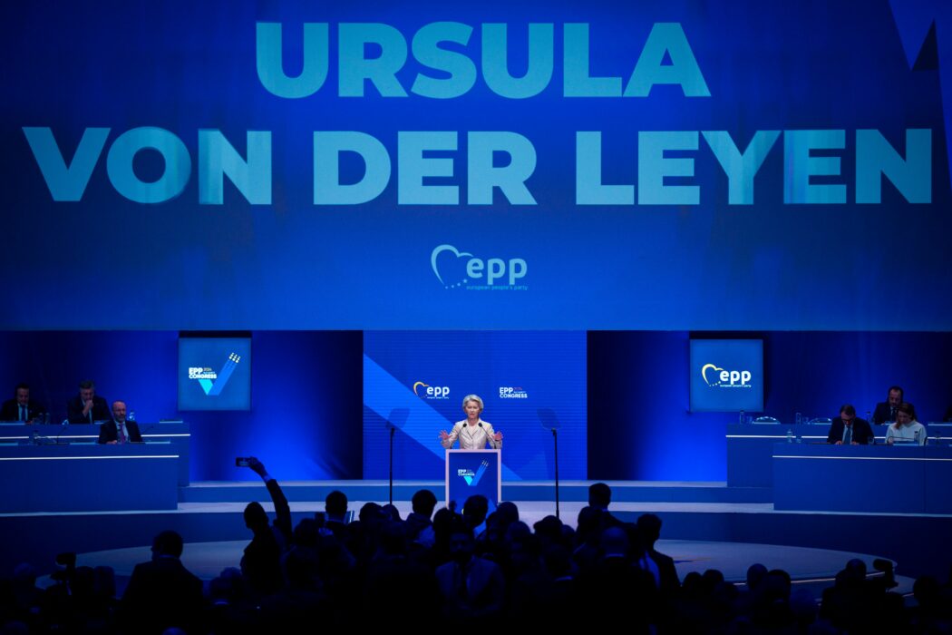 European Commission President Ursula von der Leyen addresses the EPP Congress in Bucharest, Romania, Thursday, March 7, 2024. Germany’s Ursula von der Leyen seeks a second term as head of the European Union’s powerful Commission in a move that could make her the most significant politician representing the bloc’s 450 million citizens in over a generation. (AP Photo/Andreea Alexandru)