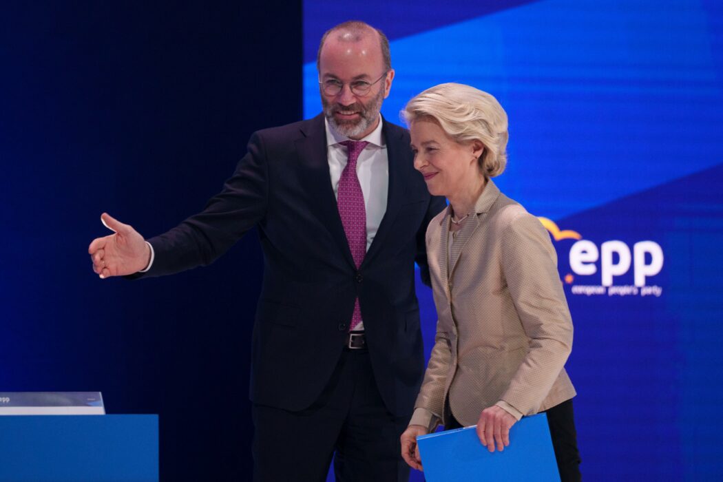 Germany’s Manfred Weber, head of the Group of the European People’s Party, left, congratulates European Commission President Ursula von der Leyen after her speech at the EPP Congress in Bucharest, Romania, Thursday, March 7, 2024. The 2024 EPP Congress designated Germany’s Ursula von der Leyen, who seeks a second term as head of the European Union’s powerful Commission, as the party’s lead candidate in the upcoming European elections. (AP Photo/Andreea Alexandru)