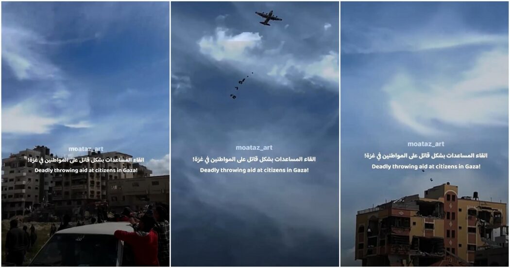 Gaza, pacchi di aiuti umanitari precipitano al suolo con il paracadute chiuso: le immagini girate dagli abitanti