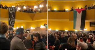 Copertina di “Cessate il fuoco in Palestina”, flash mob al Teatro Lirico di Cagliari dopo la Tosca: pioggia di volantini e striscioni appesi