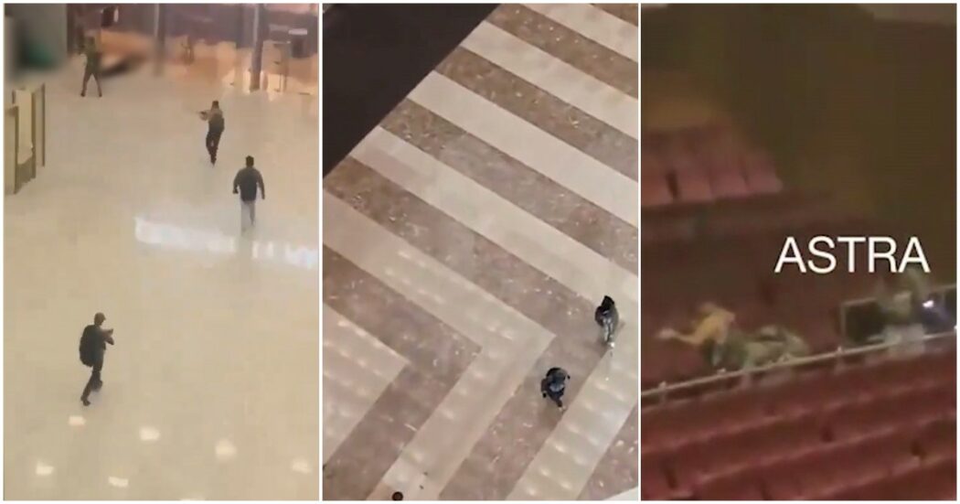 Attentato a Mosca, l’irruzione nell’edificio poi gli spari dentro la sala concerto: le immagini degli aggressori in azione – Video