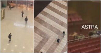 Copertina di Attentato a Mosca, l’irruzione nell’edificio poi gli spari dentro la sala concerto: le immagini degli aggressori in azione – Video