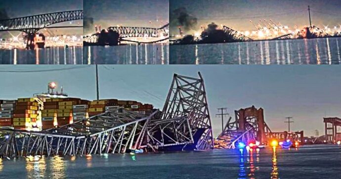 Baltimora, una nave si schianta contro il ponte Francis Scott Key e lo fa crollare: auto in acqua, “6 dispersi, 1 morto”