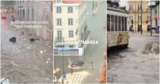 Copertina di Lisbona sott’acqua per la depressione Nelson: strade come fiumi e traffico in tilt. Le impressionanti immagini