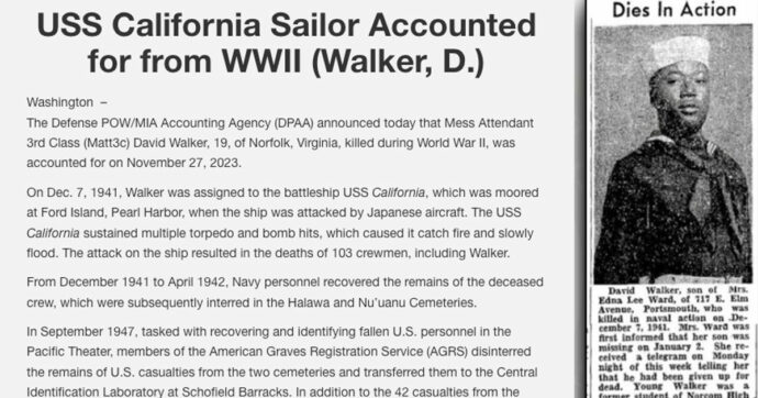 Identificato grazie al Dna un marinaio morto durante l’attacco a Pearl Harbor