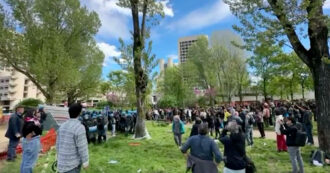 Copertina di Bologna, manifestanti contro il taglio di alberi al parco don Bosco: tensione con la polizia, sfondata la recinzione del cantiere