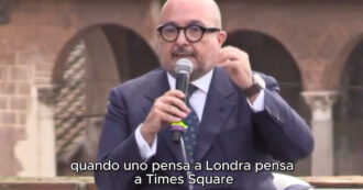 Copertina di La gaffe del ministro Sangiuliano: “Quando uno pensa a Londra gli viene in mente Times Square…”. Su La7