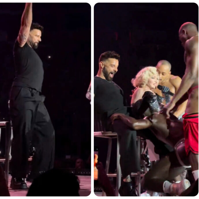 Ricky Martin travolto dai ballerini di Madonna si “accende” un po’ troppo sul palco