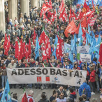 People attend a demonstration called following a general strike to say enough to the deaths at work after the Bargi power plant explosion, in Bologna, Italy, 11 April 2024. The strike proclaimed by the Italian General Confederation of Labour (CGIL) and Italian Labour Union (UIL) called for job security, for a fair tax reform and for a new social model of doing business. According to the Italian fire brigade (Corpo Nazionale dei Vigili del fuoco), at least three people died and four are still missing after an explosion at the hydroelectric power plant in Bargi that took place on 09 April. 
ANSA/MICHELE LAPINI