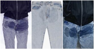Copertina di I jeans di Jordanluca da 600 euro le (finte) macchie di pipì sono il nuovo trend: “Puoi semplicemente fartela addosso e dire che è il design”