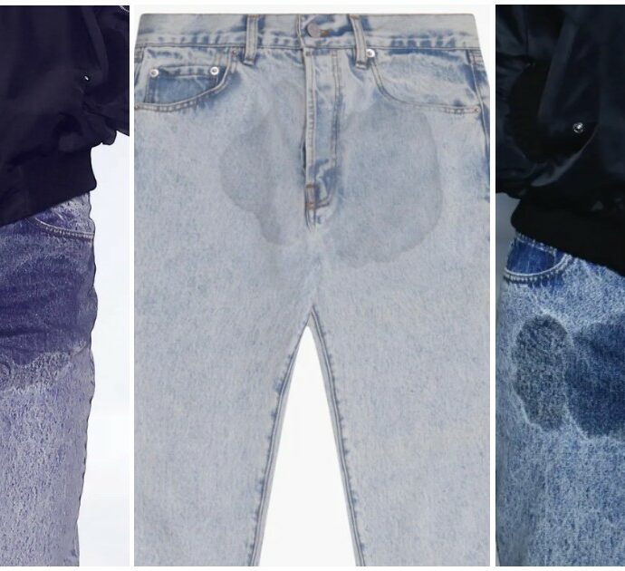 I jeans di Jordanluca da 600 euro le (finte) macchie di pipì sono il nuovo trend: “Puoi semplicemente fartela addosso e dire che è il design”