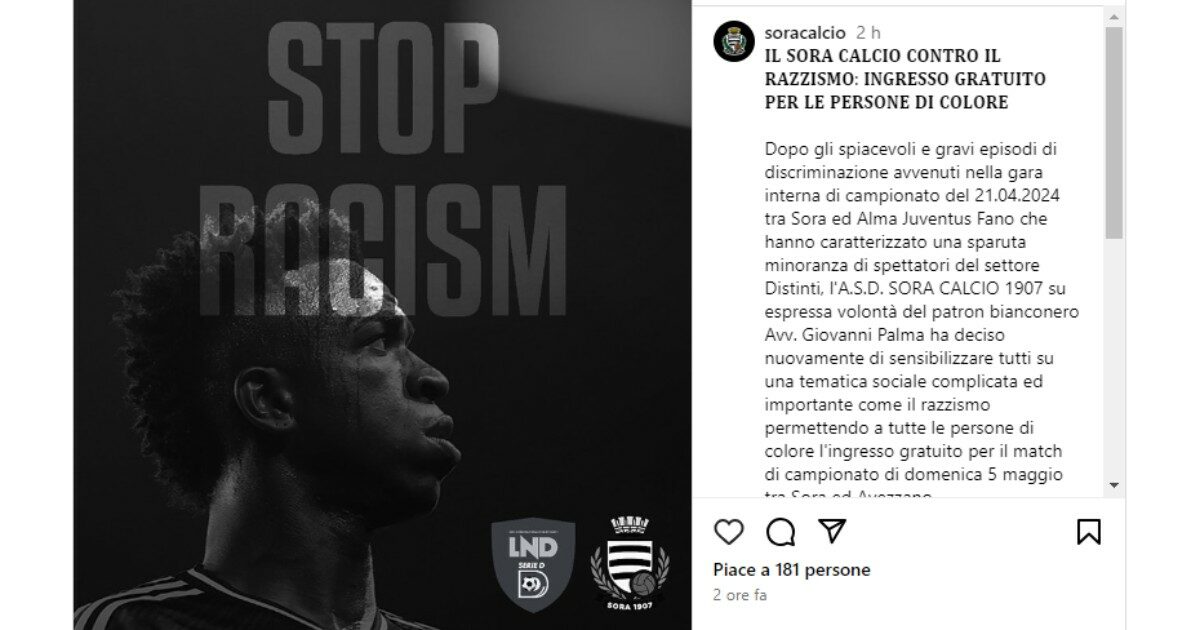 Il Sora Calcio contro il razzismo: “Ingresso gratuito a tutte le persone di colore”. L’iniziativa del club di Serie D