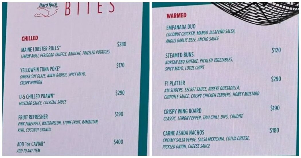 Gran Premio di Formula 1 a Miami, la foto del menù del ristorante con prezzi folli è virale: “Almeno 110 euro per un panino”