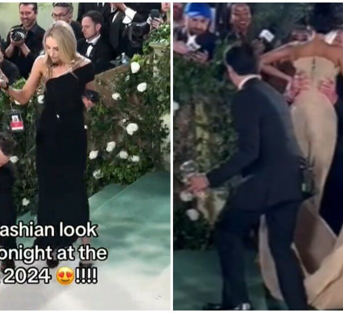 Met Gala 2024, la star con l’abito di sabbia non riesce a salire i gradini e viene sollevata da 4 persone. Anche Kim Kardashian incespica – VIDEO