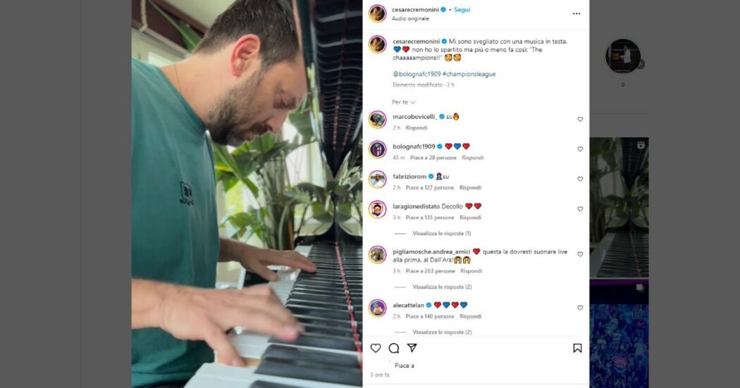 Bologna in Champions e Cesare Cremonini suona il pianoforte sulle note dell’inno della coppa – Video