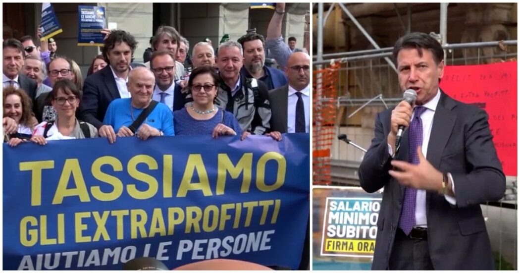 Tassa sugli extraprofitti, Conte al sit-in: “Con la norma del governo sono entrati zero euro, esecutivo inginocchiato al potere dei banchieri”