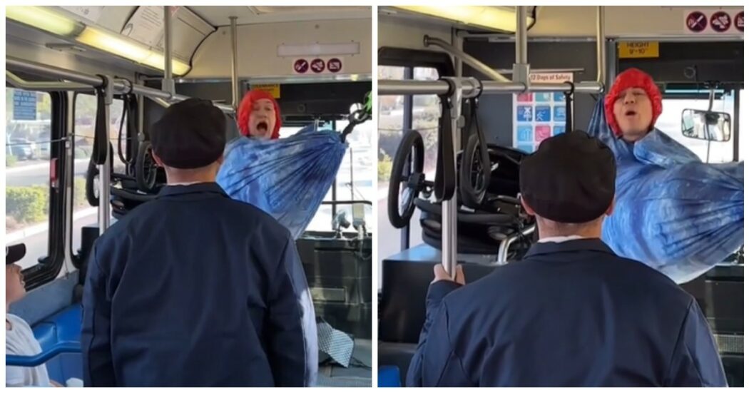 Scena assurda su un autobus di linea: uomo rifiuta di scendere dall’amaca e l’autista ferma il veicolo – VIDEO