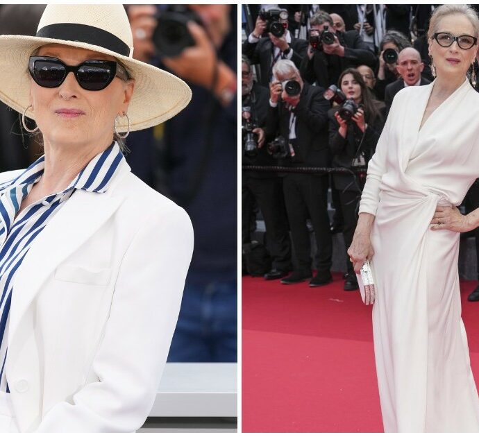 Meryl Streep regina di stile al Festival di Cannes con i suoi look: l’abito di Dior e il completo con la camicia a righe da copiare