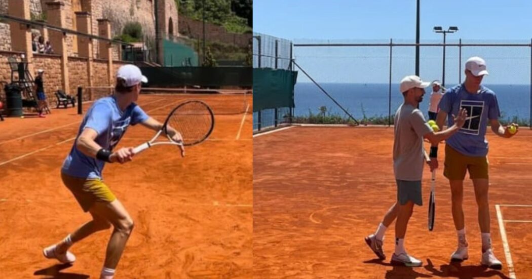 Sinner torna in campo: le foto del primo allenamento a Montecarlo e l’allusione al Roland Garros