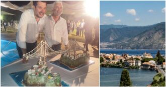 Copertina di Salvini all’evento del candidato leghista con la torta del Ponte sullo Stretto di Messina. L’ironia dei contrari: “È quella da spartire”