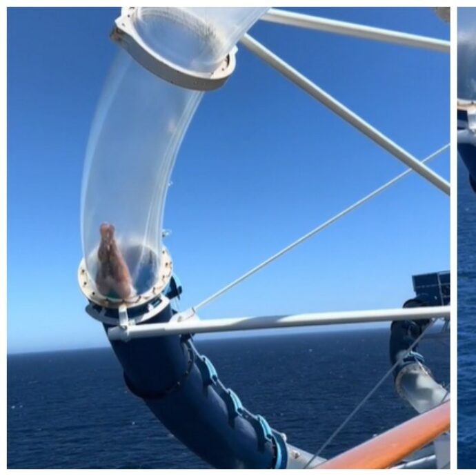 Una donna resta incastrata nello scivolo d’acqua sospeso sull’Oceano e urla per la paura. La figlia si diverte e riprende tutto