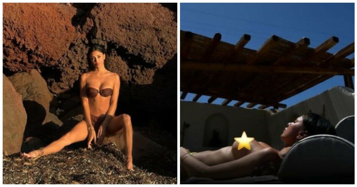 Belen Rodriguez in topless sui social, la mano “birichina” del nuovo fidanzato non passa inosservata