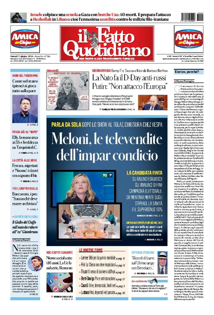 Copertina de Il Fatto Quotidiano di Ven 7 Giugno 2024