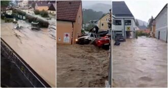 Copertina di Maltempo in Austria: inondazioni e vento forte colpiscono la Stiria. Persone si mettono in salvo salendo sui tetti delle auto (video)