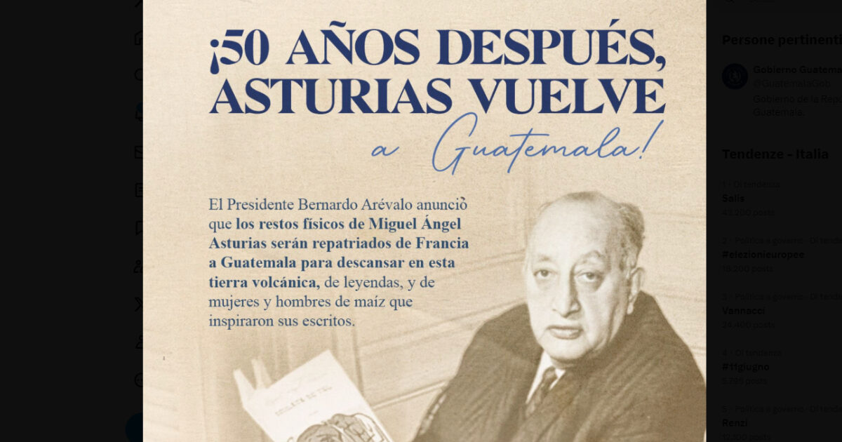Guatemala, le spoglie dello scrittore premio Nobel Miguel Angel Asturias tornano in patria