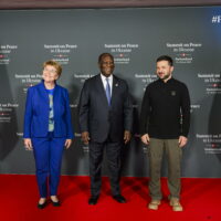 epa11412849 Swiss Federal President Viola Amherd (L) poses with President Alassane Ouattara of Ivory Coast (C) and Ukraine’s President Volodymyr Zelensky (R) during the Summit on Peace in Ukraine, in Stansstad near Lucerne, Switzerland, 15 June 2024. International heads of state gather on 15 and 16 June at the Buergenstock Resort in central Switzerland for the two-day Summit on Peace in Ukraine.  EPA/ALESSANDRO DELLA VALLE / POOL                     EDITORIAL USE ONLY  EDITORIAL USE ONLY