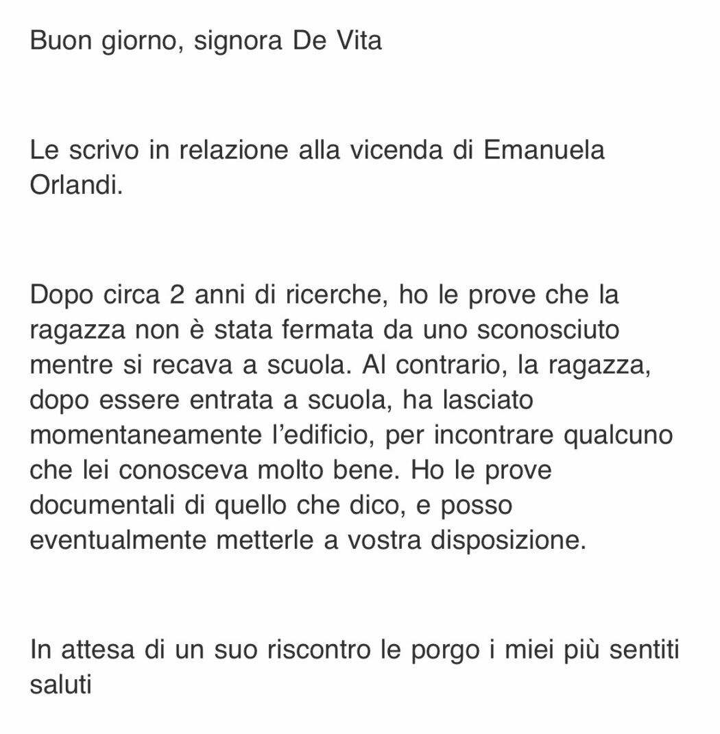 “Emanuela Orlandi ha incontrato qualcuno che conosceva molto bene, ho le prove”: la mail arrivata a IlFattoquotidiano.it