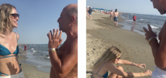 Copertina di Chiara Ferragni colta di sopresa sulla spiaggia. Il passante: “Sai cosa ti fa bene?” e lei risponde di getto – Video