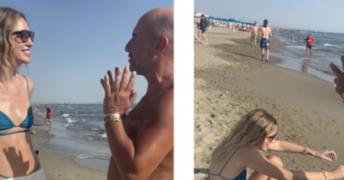 Copertina di Chiara Ferragni colta di sopresa sulla spiaggia. Il passante: “Sai cosa ti fa bene?” e lei risponde di getto – Video