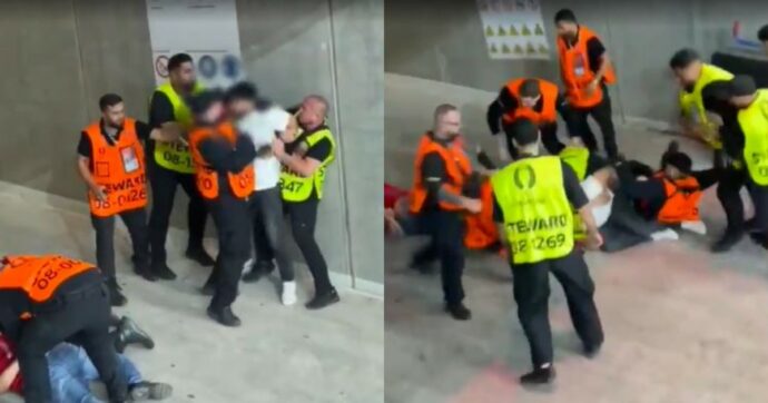 Due tifosi presi a calci e pugni da almeno 7 steward durante Portogallo-Slovenia: il video della violenza girato dagli spalti