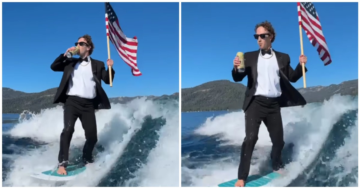 Mark Zuckerberg surfa con lo smoking mentre beve birra e tiene in mano la bandiera Usa: il video per il 4 luglio è virale e interviene Elon Musk