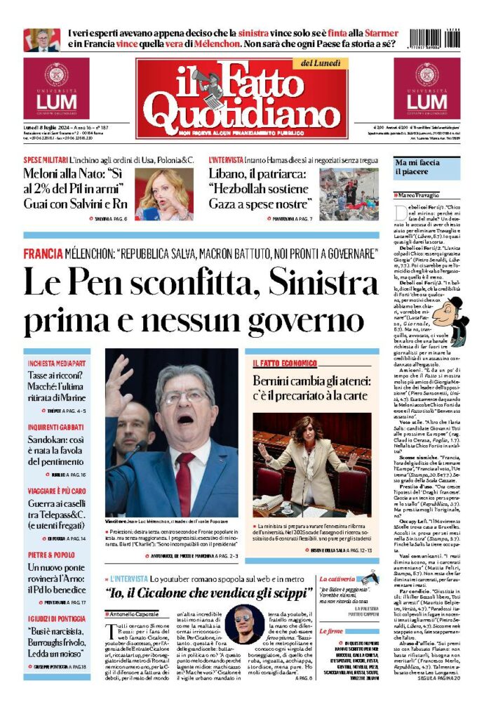 Copertina de Il Fatto Quotidiano di Lun 8 Luglio 2024