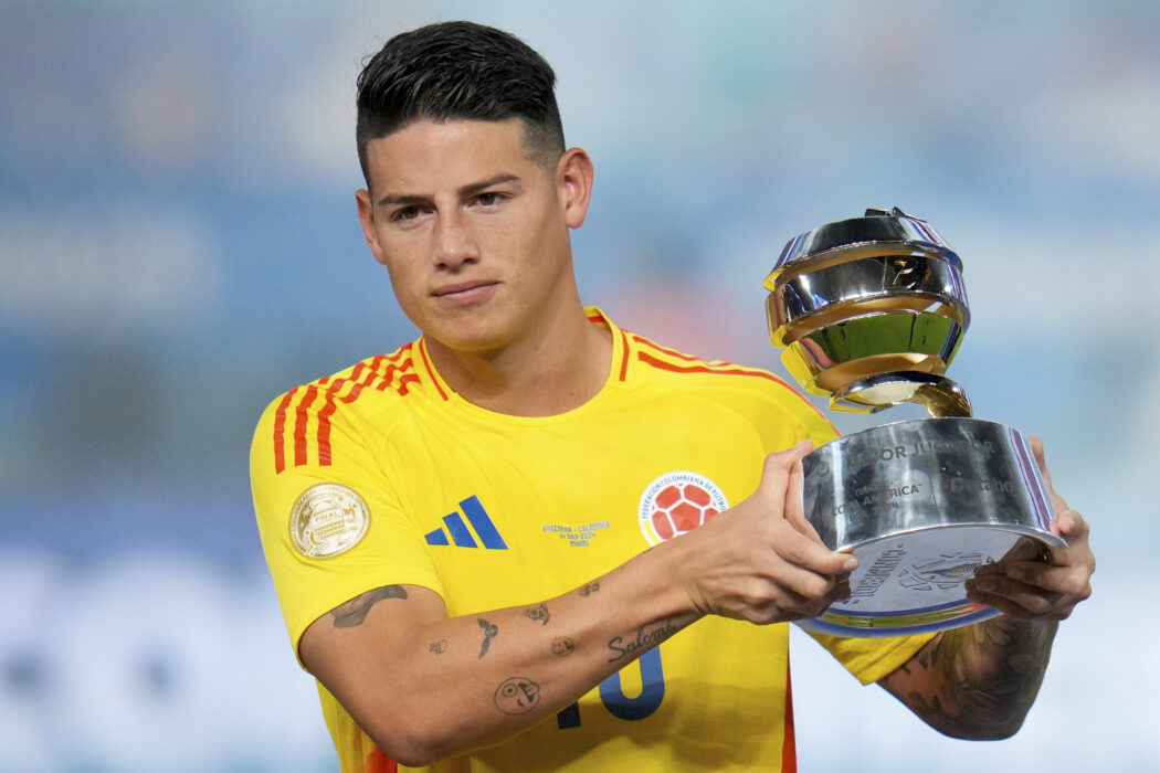 Colombia’s James Rodriguez holds the player of the tournament trophy after the Copa America final soccer match in Miami Gardens, Fla., Monday, July 15, 2024. Argentina defeated Colombia 1-0. (AP Photo/Julio Cortez)